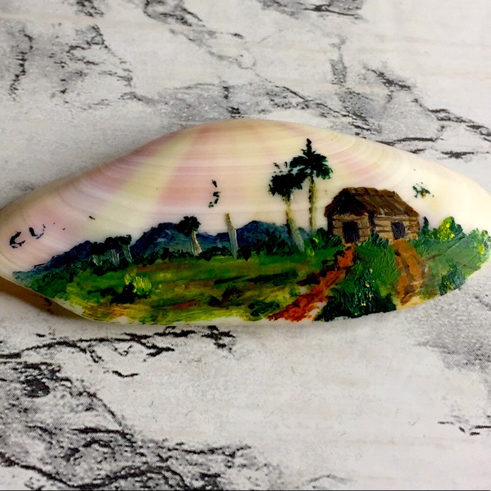 vintage Hand Painted Signed Tropical Hawaiian Folk
Art Oyster Shell Brooch - Picture 2 of 8